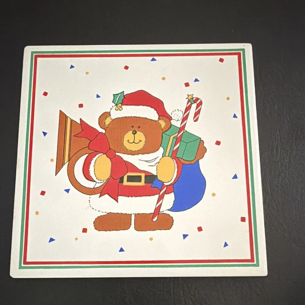 Vintage 1980s Christmas Teddy Bear Ceramic Tile Trivet Retro